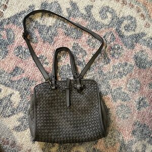 Gray Leather Woven Crossbody Handbag